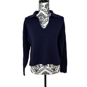 A New Day Navy Cropped Collared Long Sleeve V-Neck Ribbed Knit Sweater Large